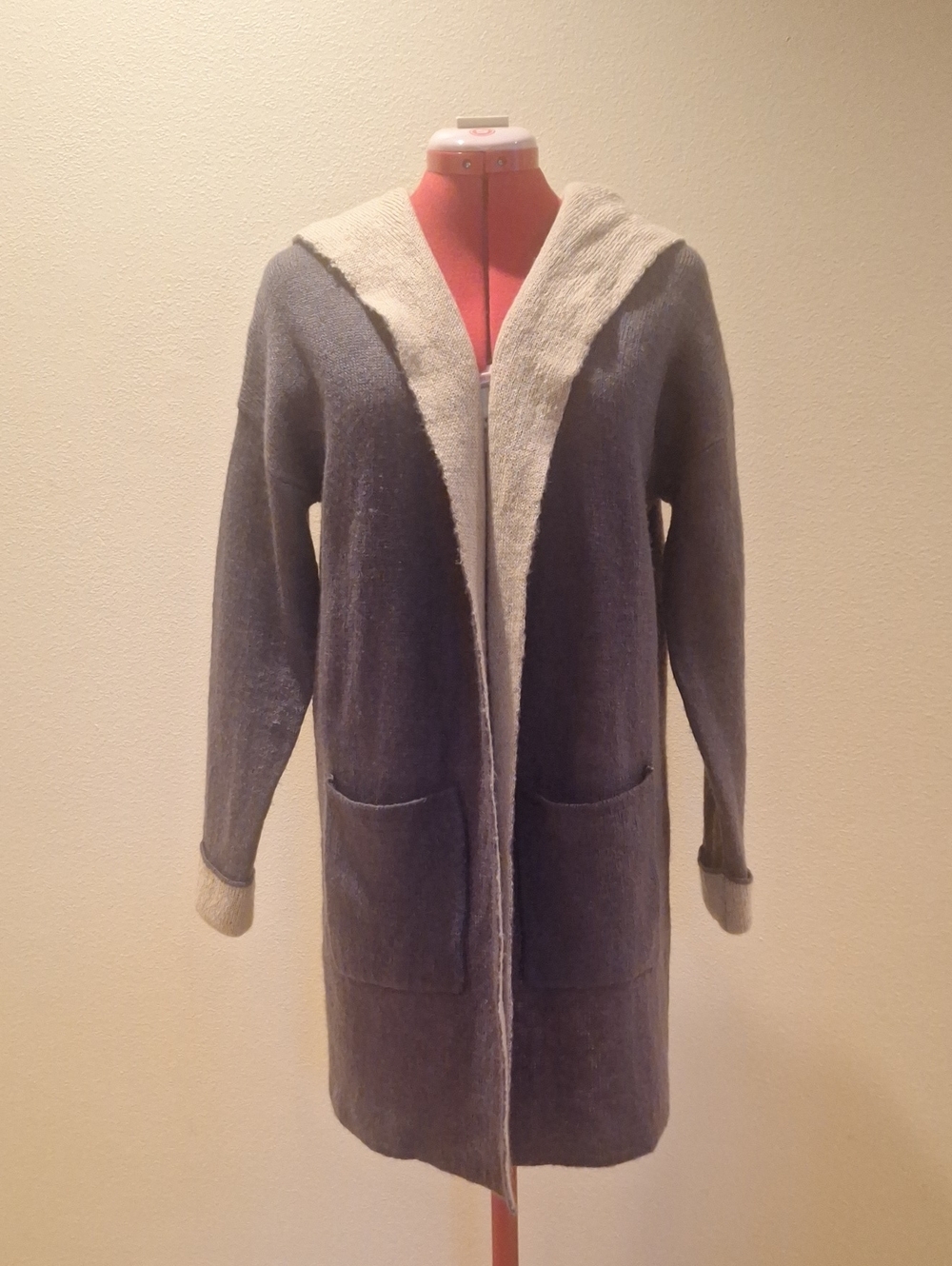 Olivia Sky Two-Tone Hooded Knit Long Cardigan Sweater - Eggplant & Tan Inside S